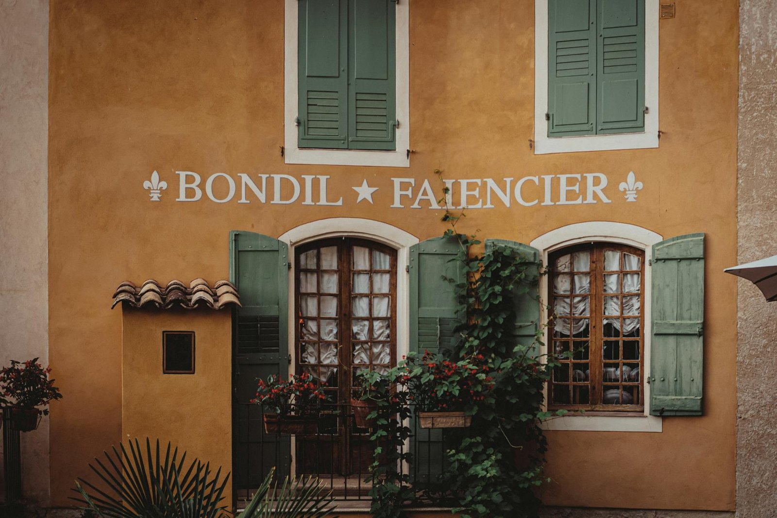 french style inspiration - Rustic French building facade with green shutters and climbing plants in Provence.