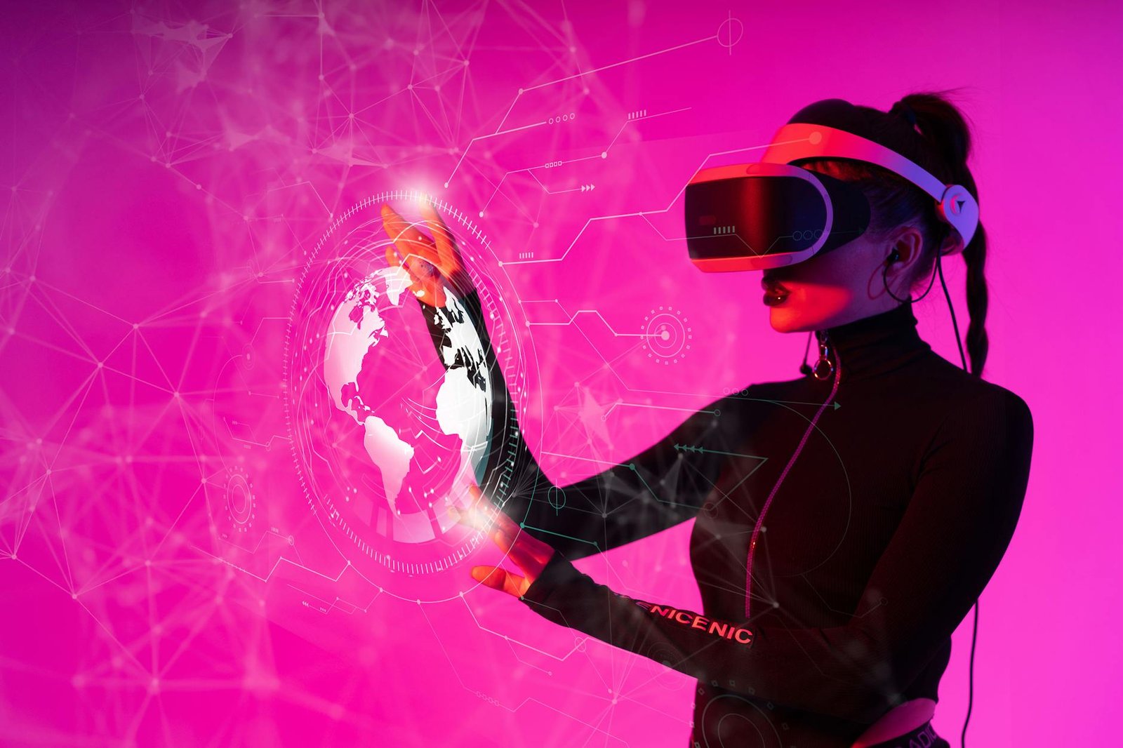technology - A woman interacts with a VR hologram in a futuristic studio setting.
