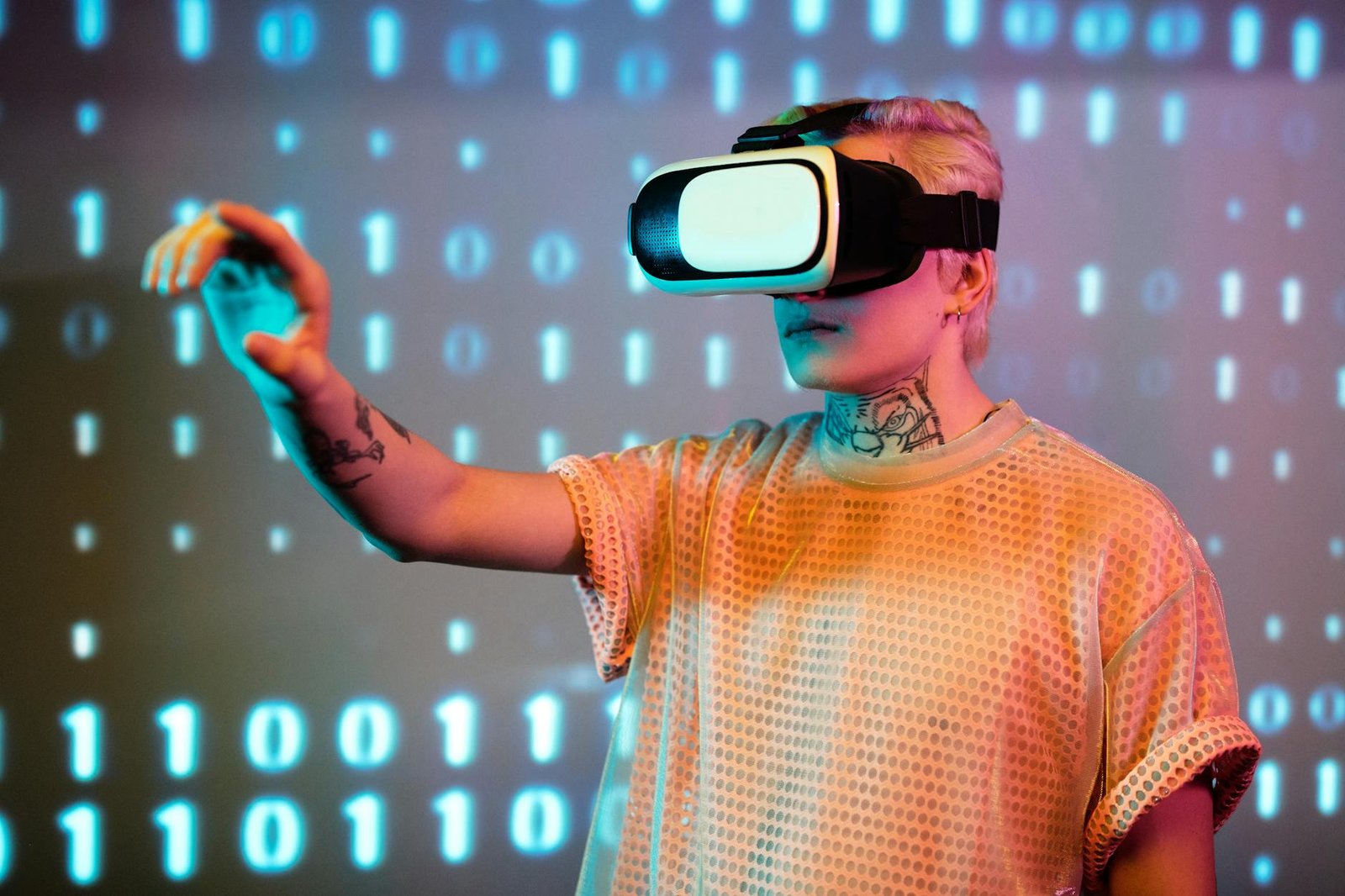 technology - A person experiences virtual reality with a headset against a background of binary code.