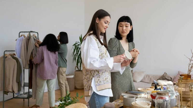 what is sustainable fashion - Four women browsing clothes and items at an indoor swap party, focused on sustainable living.