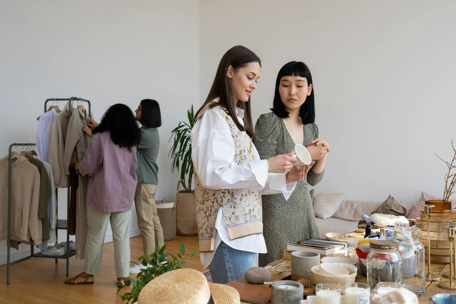 what is sustainable fashion - Four women browsing clothes and items at an indoor swap party, focused on sustainable living.